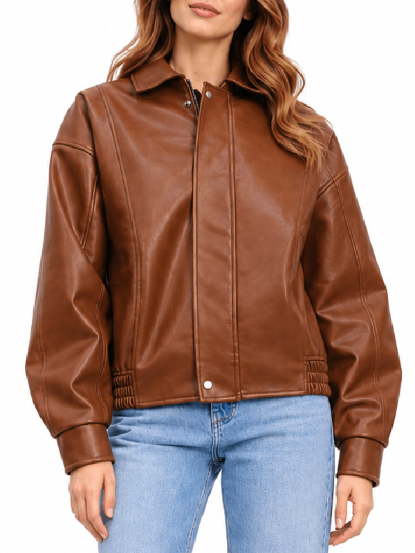 Front close-up of women’s brown real leather jacket with shirt collar and zip front