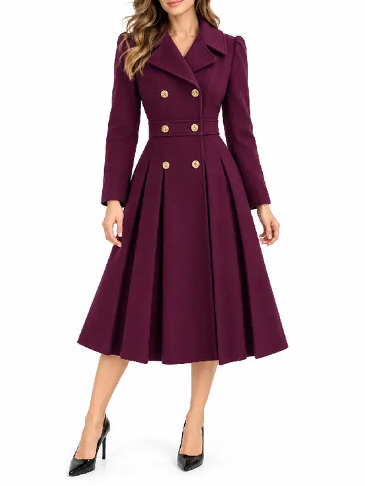 Woman wearing a burgundy double breasted midi coat with gold buttons and notch lapel collar