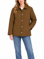 Woman wearing olive brown diamond quilted shirt jacket, front view with collar and chest pocket