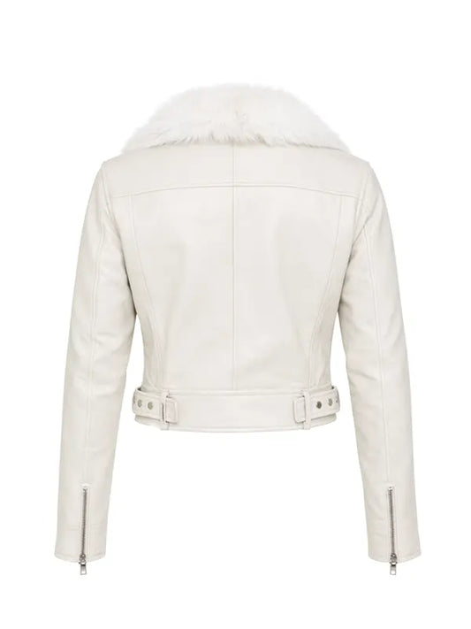 women’s white leather biker jacket with faux fur collar