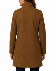 omen's brown leather coat back view showing tailored mid-length fit