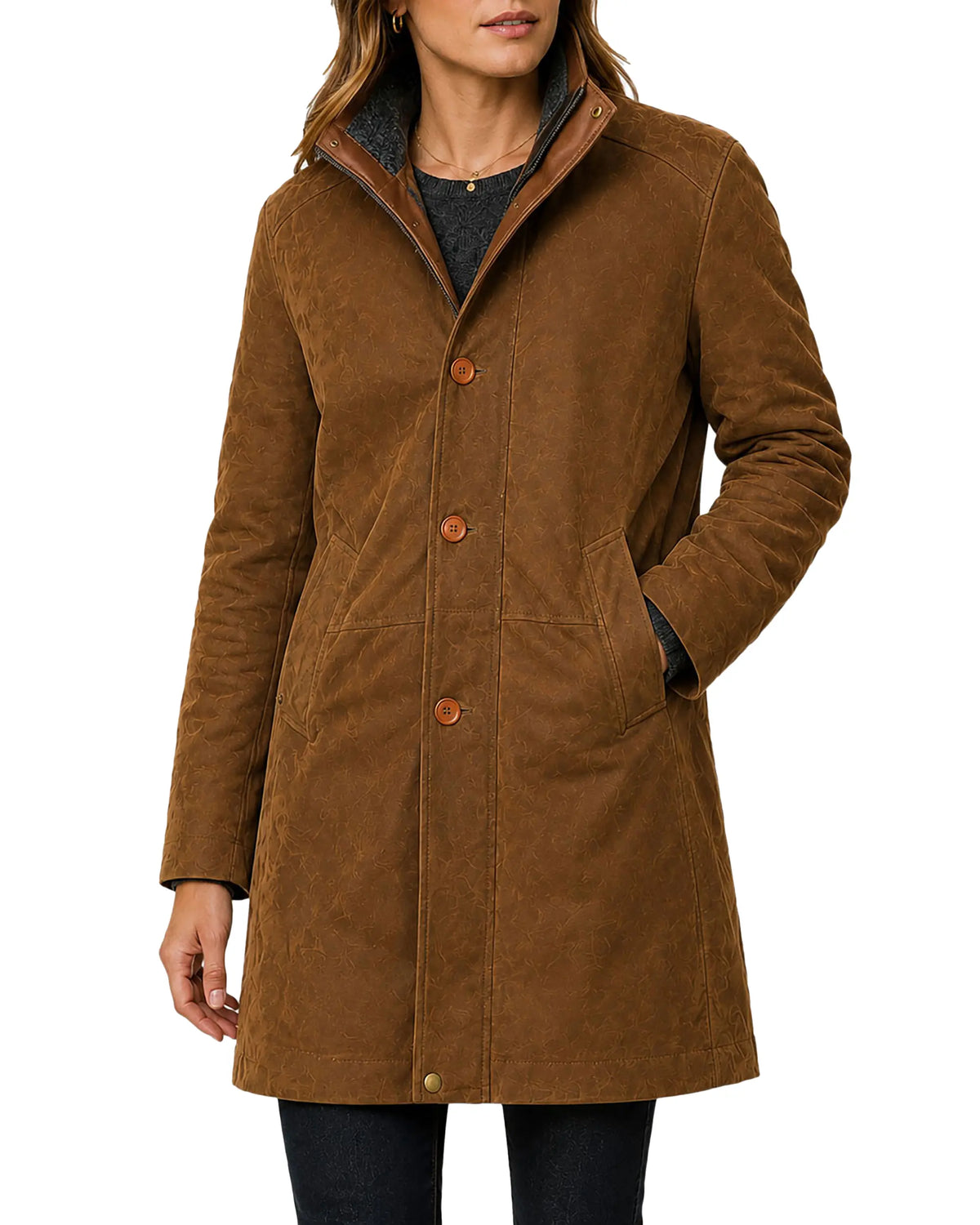 Women's vintage brown leather long coat front view with stand collar