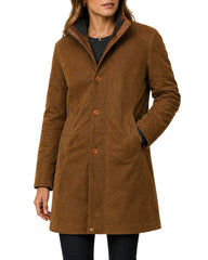 Women's vintage brown leather long coat front view with stand collar