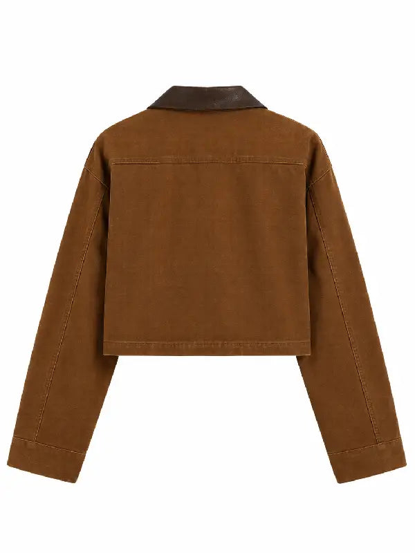 Back view of brown cropped workwear jacket with faux leather collar