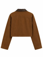 Back view of brown cropped workwear jacket with faux leather collar