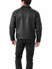Back view of a man wearing a black real leather jacket with shirt collar and dark jeans