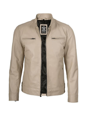 Men's Stone Beige Leather Biker Jacket – Front Open View with Zipper Detail