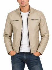 Men's Stone Beige Leather Biker Jacket – Front Open View with Zipper Detail